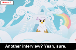 Size: 1024x671 | Tagged: safe, gilda, griffon, comic:celestia's servant interview, g4, caption, cloud, cloud house, female, interview, meta, solo