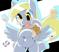Size: 777x681 | Tagged: safe, artist:oze, derpy hooves, pegasus, pony, g4, female, mare, muffin, pixiv, solo, that pony sure does love muffins