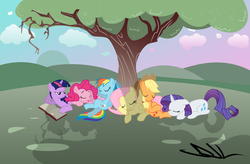 Size: 7493x4923 | Tagged: safe, artist:sintakhra, applejack, fluttershy, pinkie pie, rainbow dash, rarity, twilight sparkle, g4, absurd resolution, female, mane six, relaxing, sleeping