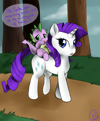 Size: 900x1080 | Tagged: dead source, safe, artist:spittfireart, rarity, spike, dragon, pony, unicorn, g4, blood, cloud, cloudy, dirt road, dragons riding ponies, duo, grass, nosebleed, riding, spike riding rarity, tree