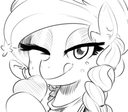 Size: 1024x900 | Tagged: safe, artist:sunibee, applejack, earth pony, pony, g4, alternate hairstyle, apple, bedroom eyes, female, monochrome, obligatory apple, solo, tongue out, wink