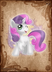 Size: 504x701 | Tagged: safe, artist:skyheavens, sweetie belle, pony, unicorn, g4, blank flank, cutie mark background, female, filly, foal, looking at you, name, one eye closed, open mouth, open smile, raised hoof, smiling, solo, standing, turned head, wink, winking at you