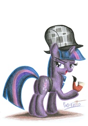 Size: 1624x2323 | Tagged: safe, artist:patoriotto, twilight sparkle, pony, unicorn, g4, female, hat, mare, pipe, pixiv, simple background, solo, traditional art, unicorn twilight, white background