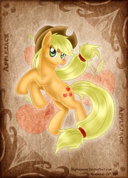 Size: 504x701 | Tagged: safe, artist:skyheavens, applejack, earth pony, pony, g4, action pose, cutie mark background, female, hat, looking at you, mare, name, solo, turned head