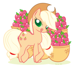 Size: 1223x1115 | Tagged: safe, artist:runa, applejack, earth pony, pony, g4, apple, basket, crossed hooves, female, food, licking, licking lips, looking at you, mare, pixiv, simple background, solo, tongue out, transparent background