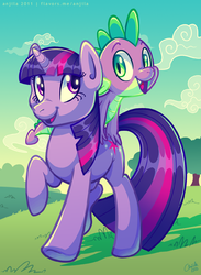 Size: 584x800 | Tagged: safe, artist:anjila, spike, twilight sparkle, dragon, pony, unicorn, g4, baby, baby dragon, duo, female, grass, male, mare, riding, unicorn twilight