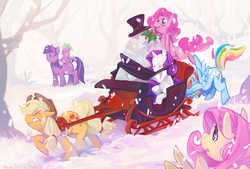 Size: 1058x714 | Tagged: dead source, safe, artist:theuselesstoe, applejack, fluttershy, pinkie pie, rainbow dash, rarity, spike, tom, twilight sparkle, dragon, pony, unicorn, g4, blushing, cargo ship, clothes, dragons riding ponies, eyes closed, female, flying, frown, grin, gritted teeth, hat, holly, holly mistaken for mistletoe, mane seven, mane six, mouth hold, pulling, pushing, raised hoof, raised leg, riding, rockcon, scarf, ship:raritom, sitting, sleigh, smiling, snow, snowfall, spike riding twilight, spread wings, top hat, unamused, unicorn twilight, wat