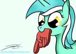 Size: 1480x1050 | Tagged: dead source, safe, artist:sierraex, lyra heartstrings, pony, unicorn, g4, female, foam finger, mare, mouth hold, simple background, solo, white background