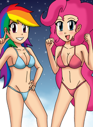 Size: 1678x2299 | Tagged: safe, artist:sketchinnegro, pinkie pie, rainbow dash, human, g4, bikini, blue swimsuit, breasts, clothes, duo, female, humanized, pink swimsuit, swimsuit