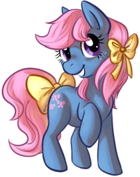 Size: 537x674 | Tagged: source needed, safe, artist:php27, bow tie (g1), earth pony, pony, g1, g4, bow, female, g1 to g4, hair bow, mare, raised hoof, simple background, smiling, tail bow, transparent background