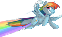 Size: 2512x1511 | Tagged: safe, artist:php27, rainbow dash, pegasus, pony, g4, female, flying, grin, mare, rainbow trail, simple background, solo, transparent background