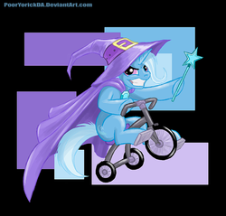Size: 791x755 | Tagged: dead source, safe, artist:pooryorick, trixie, pony, unicorn, g4, cape, clothes, female, fluffy, glare, grin, hat, hoof hold, mare, pun, sitting, smiling, smirk, solo, tricycle, trixie's cape, trixie's hat, wand, wheelie