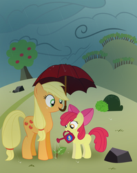 Size: 2364x2977 | Tagged: safe, artist:nazoth, apple bloom, applejack, earth pony, pony, g4, apple sisters, female, filly, foal, high res, mare, mouth hold, rain, siblings, sisters, umbrella, watering, watering can