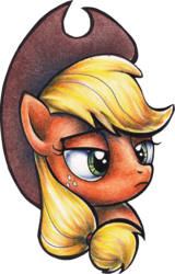 Size: 639x1000 | Tagged: safe, artist:carlotta-guidicelli, applejack, earth pony, pony, g4, applejack is not amused, bedroom eyes, bust, colored, female, frown, mare, portrait, simple background, solo, traditional art, transparent background, unamused