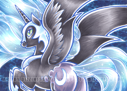 Size: 558x400 | Tagged: safe, artist:dizziness, nightmare moon, alicorn, pony, g4, female, solo, spread wings, traditional art, wings