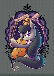 Size: 567x800 | Tagged: safe, artist:anjila, octavia melody, earth pony, pony, g4, bow (instrument), cello, clothes, female, latin, modern art, musical instrument, nouveau, palindrome get, solo, text