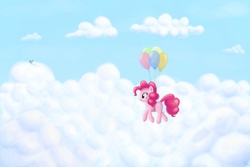 Size: 3000x2000 | Tagged: dead source, safe, artist:polkin, pinkie pie, rainbow dash, g4, balloon, cloud, cloudy, female, high res, then watch her balloons lift her up to the sky