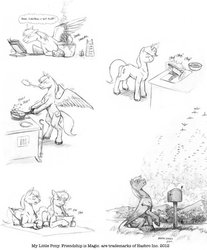 Size: 1061x1280 | Tagged: safe, artist:baron engel, oc, oc only, oc:carousel, oc:petina, oc:sky brush, pegasus, pony, grayscale, male, monochrome, nudity, pencil drawing, sheath, stallion, traditional art