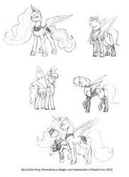 Size: 932x1280 | Tagged: safe, artist:baron engel, princess luna, oc, oc:carousel, oc:petina, oc:sky brush, alicorn, pegasus, pony, g4, female, grayscale, male, mare, monochrome, nightmare night, pencil drawing, stallion, traditional art