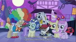 Size: 856x473 | Tagged: safe, edit, edited screencap, screencap, alula, mayor mare, noi, pipsqueak, piña colada, pluto, zecora, earth pony, pony, zebra, g4, luna eclipsed, caption, colt, female, filly, foal, male, princess noi, text, youtube caption