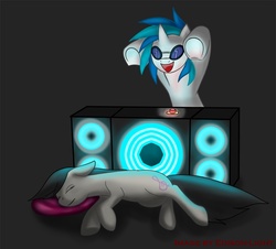 Size: 1000x902 | Tagged: safe, artist:btbunny, dj pon-3, octavia melody, vinyl scratch, earth pony, pony, unicorn, g4, duo, female, gray background, mare, simple background, sleeping, speaker, this will end in pain