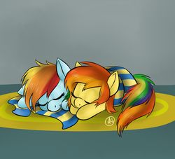 Size: 993x902 | Tagged: safe, artist:spittfireart, rainbow dash, spitfire, pony, g4, cuddling, duo, female, filly, foal, foal romance, ship:spitdash, shipping, sleeping, snuggling