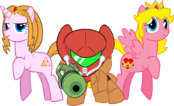 Size: 1558x949 | Tagged: safe, artist:creshosk, pegasus, pony, unicorn, female, horn, male, mare, mario, metroid, nintendo, ponified, princess peach, princess zelda, samus aran, simple background, super mario bros., the legend of zelda, transparent background