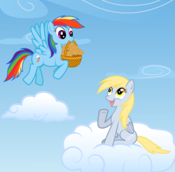 Size: 7000x6882 | Tagged: safe, artist:rainbownspeedash, derpy hooves, rainbow dash, pegasus, pony, g4, absurd resolution, basket, cloud, cloudy, duo, female, food, mare, muffin, on a cloud, sitting, sitting on a cloud, sky, that pony sure does love muffins