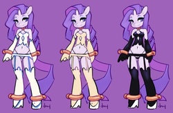 Size: 600x392 | Tagged: safe, artist:doxy, rarity, anthro, unguligrade anthro, g4, belly button, breasts, camisole, clothes, evening gloves, female, garter belt, garters, high heels, lingerie, looking at you, panties, purple background, shackles, simple background, solo, stockings, thong, underass, underwear, white underwear, yellow underwear
