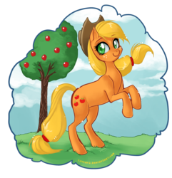 Size: 2400x2490 | Tagged: safe, artist:luniara, applejack, earth pony, pony, g4, apple, apple tree, female, high res, mare, rearing, solo, tree