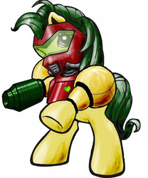 Size: 400x480 | Tagged: safe, g3, arm cannon, armor, female, looking at you, mare, metroid, ponified, rearing, samus aran, simple background, solo, white background
