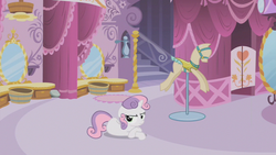 Size: 853x480 | Tagged: safe, screencap, sweetie belle, pony, g4, season 2, sisterhooves social, annoyed, carousel boutique, female, filly, foal, solo, sweetie belle is not amused