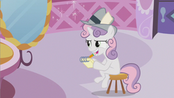 Size: 853x480 | Tagged: safe, screencap, sweetie belle, pony, unicorn, g4, ponyville confidential, season 2, female, filly, foal, hat, hoof hold, mirror, mouth hold, notepad, pencil, sitting, solo, stool