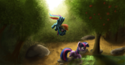 Size: 1920x1003 | Tagged: safe, artist:tuore, rainbow dash, twilight sparkle, g4, female, forest, paint, painting, pond, water