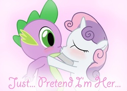 Size: 600x428 | Tagged: safe, artist:gimpcowking, spike, sweetie belle, dragon, pony, unicorn, g4, blushing, duo, female, filly, foal, implied rarity, kiss on the lips, kissing, male, ship:spikebelle, shipping, straight