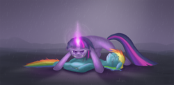 Size: 1370x675 | Tagged: safe, artist:sparkyverve, rainbow dash, twilight sparkle, g4, angry, crying, duo, female, injured, lesbian, mare, protecting, rain, ship:twidash, shipping