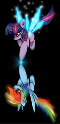 Size: 763x1576 | Tagged: safe, artist:unitoone, rainbow dash, twilight sparkle, g4, artificial wings, augmented, female, flying, lesbian, magic, magic wings, mare, ship:twidash, shipping, wings