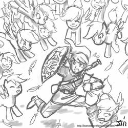 Size: 800x800 | Tagged: safe, artist:johnjoseco, scootaloo, g4, biting, cucco, feather, flock, grayscale, link, monochrome, multeity, nintendo, scootachicken, scootaloo can fly, scootalots, scootco, the legend of zelda, tongue out