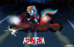 Size: 1280x817 | Tagged: safe, artist:walliscolours, rainbow dash, pegasus, pony, g4, akira, boots, city, clothes, crossover, female, goggles, highway, mare, motorcycle, shoes, signature, solo