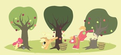 Size: 1600x720 | Tagged: safe, artist:justdayside, apple bloom, applejack, big macintosh, earth pony, pony, g4, apple siblings, apple tree, applebucking, male, stallion, tree