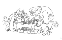 Size: 1248x800 | Tagged: safe, artist:carnifex, fido, rarity, rover, spot, diamond dog, pony, unicorn, g4, apple, apple gag, bad end, bondage, carnivore, drool, female, food chain, gag, literal spitroast, mare, monochrome, peril, person as food, predator, prey, realistic end, rope, tied up, victorious villain