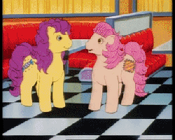 Size: 325x260 | Tagged: safe, screencap, bon bon (g1), patch (g1), earth pony, pony, g1, just for kicks, my little pony tales, animated, female, intertwined tails, shipping fuel