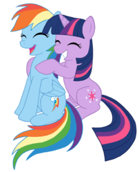 Size: 866x1074 | Tagged: safe, artist:flachman, rainbow dash, twilight sparkle, pony, g4, eyes closed, female, happy, hug, laughing, lesbian, ship:twidash, shipping, simple background, transparent background, vector