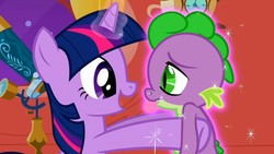 Size: 1024x576 | Tagged: safe, screencap, spike, twilight sparkle, dragon, pony, unicorn, g4, season 2, the return of harmony, duo, duo male and female, female, golden oaks library, male, mare, open mouth, open smile, smiling, telescope, tired, unicorn twilight, wingless spike