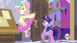 Size: 1919x1079 | Tagged: safe, screencap, fluttershy, twilight sparkle, pegasus, pony, unicorn, a canterlot wedding, g4, season 2, bridesmaid dress, bridesmaid fluttershy, clothes, dress, duo, female, flutterbeautiful, gown, hub logo, logo, mare, out of context, playing with dress, raised hoof, the hub, unicorn twilight