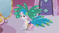 Size: 853x480 | Tagged: safe, screencap, sweetie belle, pony, unicorn, g4, ponyville confidential, season 2, blush sticker, blushing, cute, diasweetes, embarrassed, feather, feathered hat, female, filly, foal, hat, mirror, notepad, outfit catalog, peacock feathers, pencil, sitting, solo, stool