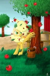Size: 1000x1529 | Tagged: safe, artist:fuunsaik1, applejack, earth pony, pony, g4, angry, apple, applebucking, female, solo, tree