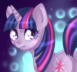 Size: 1024x960 | Tagged: source needed, useless source url, safe, artist:cepto, twilight sparkle, pony, unicorn, g4, abstract background, blushing, bubble, butt, cute, female, horn, looking back, mare, plot, solo, starry eyes, twiabetes, unicorn twilight, wingding eyes