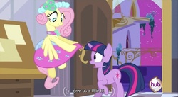 Size: 640x350 | Tagged: safe, screencap, fluttershy, twilight sparkle, a canterlot wedding, g4, bridesmaid dress, bridesmaid fluttershy, clothes, dress, flutterbeautiful, gown, hub logo, playing with dress, youtube caption