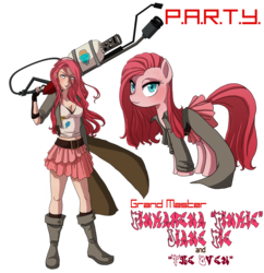 Size: 1804x1861 | Tagged: dead source, safe, artist:the-orator, pinkie pie, human, g4, belly button, clothes, flamethrower, human ponidox, humanized, longcoat, p.a.r.t.y., pinkamena diane pie, simple background, transparent background, weapon